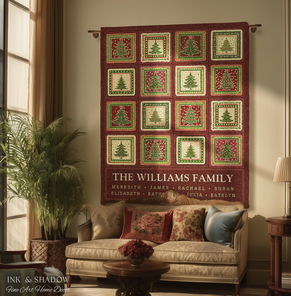 Family Tree Personalized Festive Christmas Tapestry Blanket Sentimental Gift for Grandparent with Names Custom Vintage Style Holiday Throw