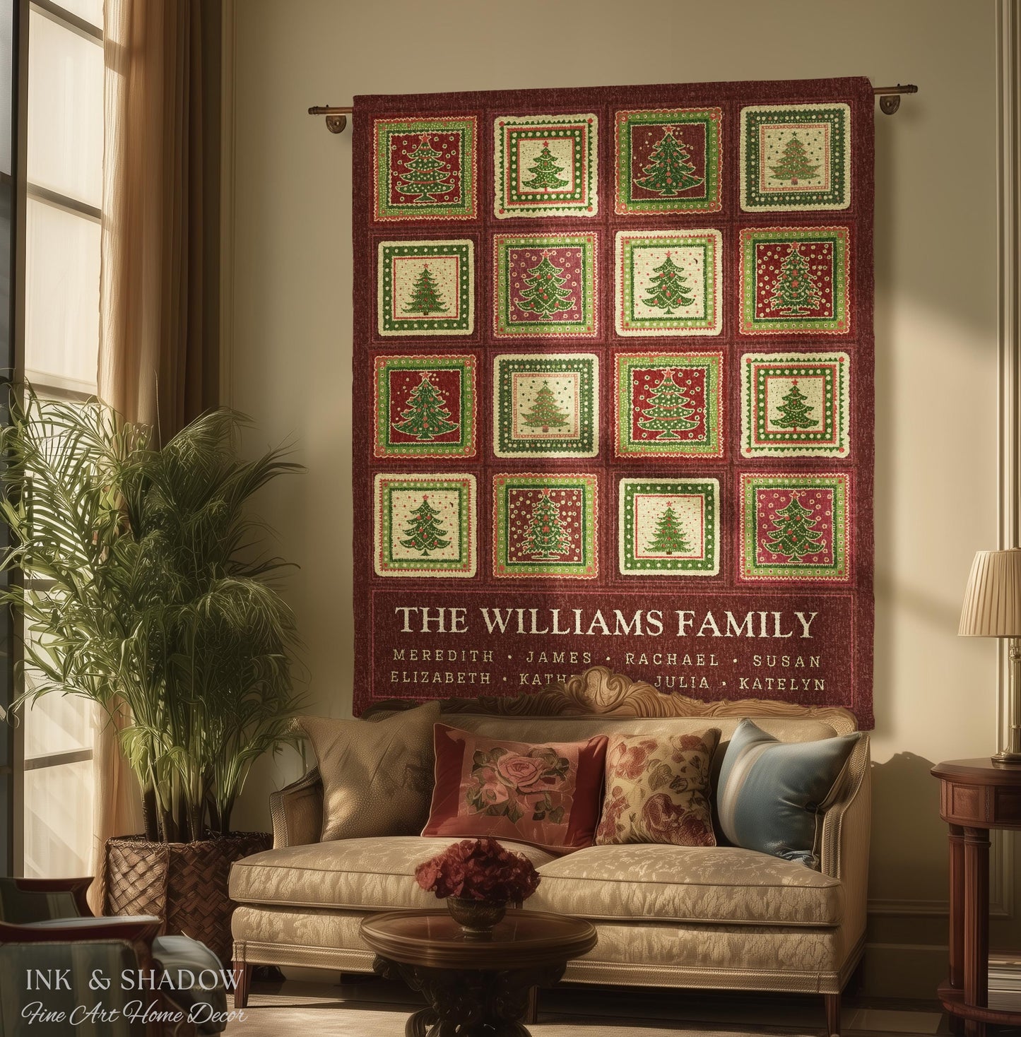 Family Tree Personalized Festive Christmas Tapestry Blanket Sentimental Gift for Grandparent with Names Custom Vintage Style Holiday Throw