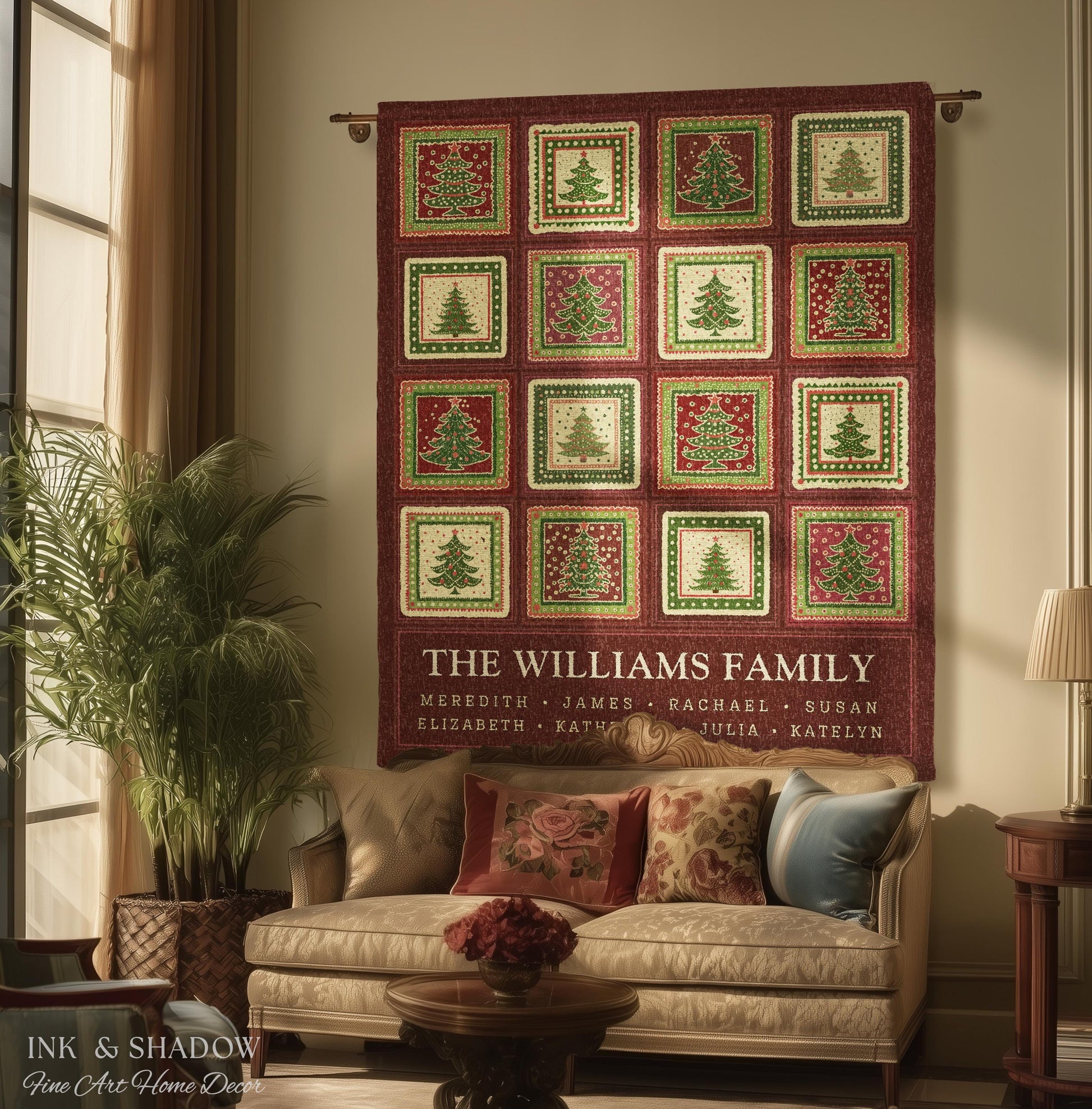 Family Tree Personalized Festive Christmas Tapestry Blanket Sentimental Gift for Grandparent with Names Custom Vintage Style Holiday Throw