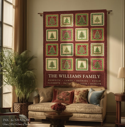 Family Tree Personalized Festive Christmas Tapestry Blanket Sentimental Gift for Grandparent with Names Custom Vintage Style Holiday Throw
