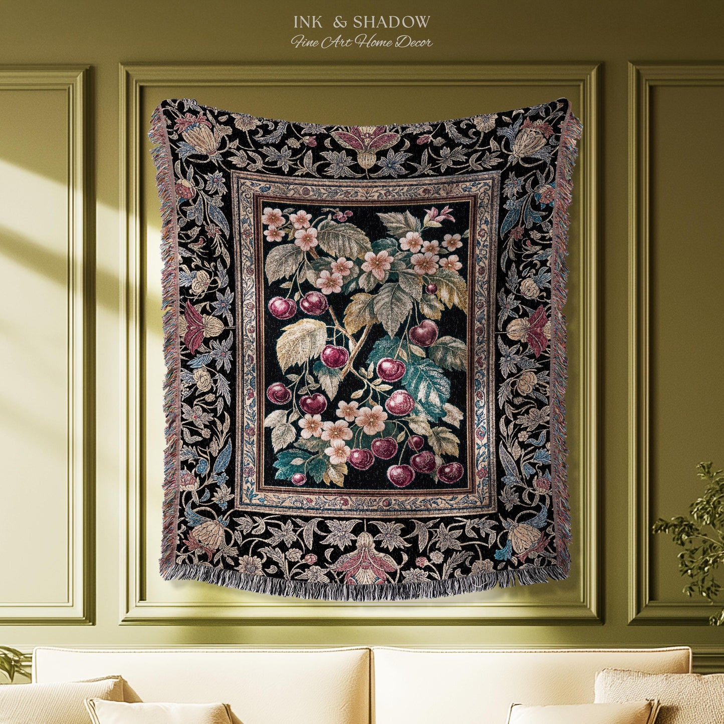 Dark Romantic Cherry Blossom Throw Blanket | Vintage Botanical Gothic Floral Design Moody Garden Accent Baroque Cottagecore Woven Tapestry |