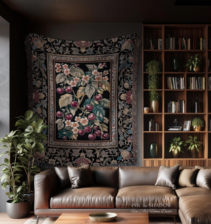 Dark Romantic Cherry Blossom Throw Blanket | Vintage Botanical Gothic Floral Design Moody Garden Accent Baroque Cottagecore Woven Tapestry |