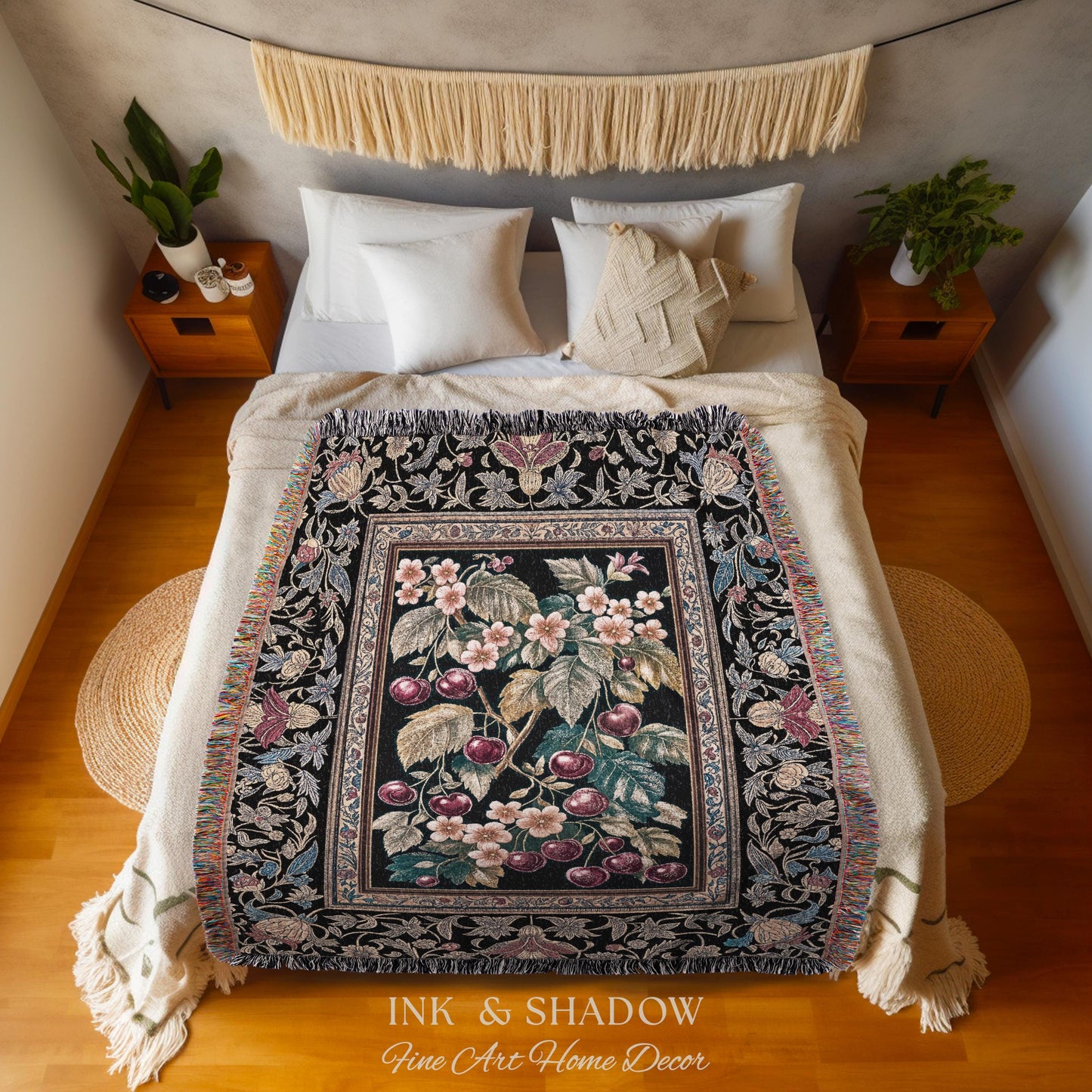 Dark Romantic Cherry Blossom Throw Blanket | Vintage Botanical Gothic Floral Design Moody Garden Accent Baroque Cottagecore Woven Tapestry |