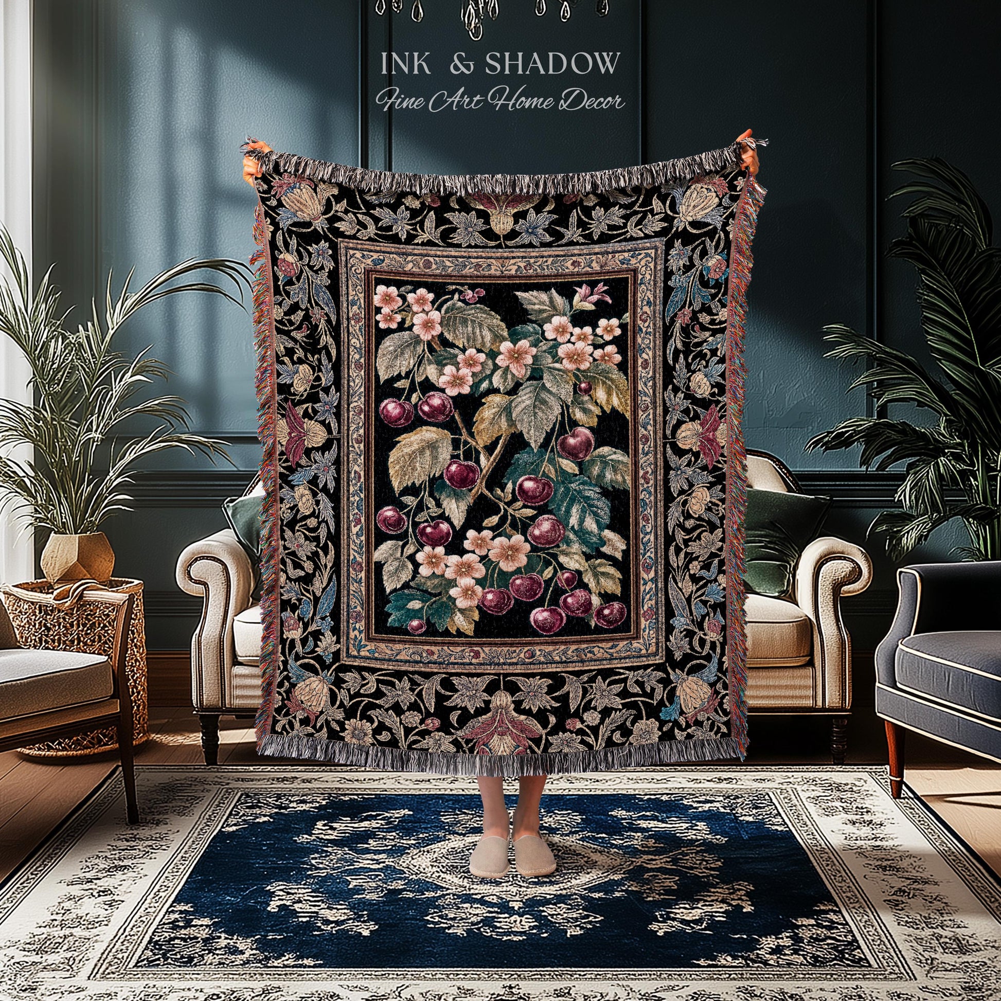 Dark Romantic Cherry Blossom Throw Blanket | Vintage Botanical Gothic Floral Design Moody Garden Accent Baroque Cottagecore Woven Tapestry |