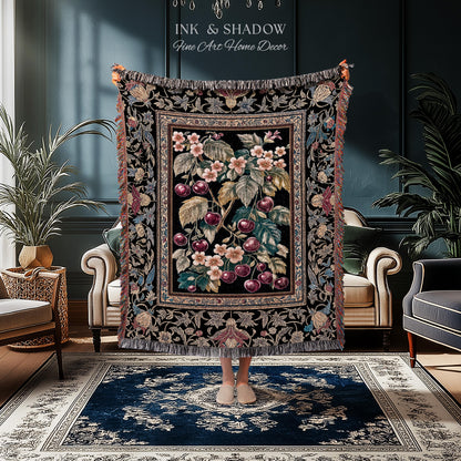 Dark Romantic Cherry Blossom Throw Blanket | Vintage Botanical Gothic Floral Design Moody Garden Accent Baroque Cottagecore Woven Tapestry |