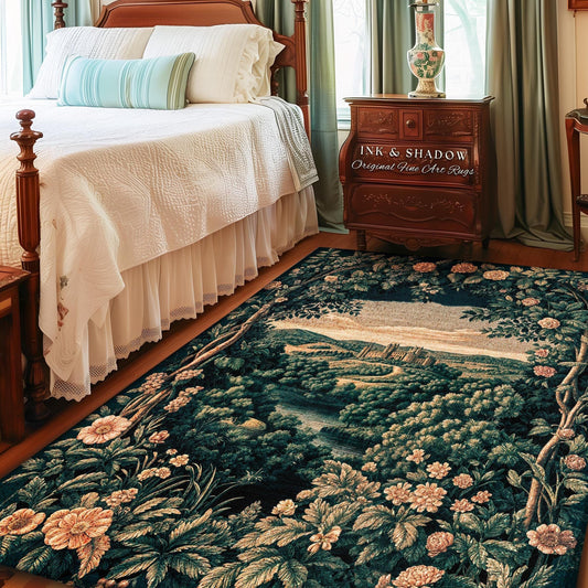 May include: A rectangular area rug with a detailed landscape design featuring a castle, trees, and a river. The rug has a dark green background with floral accents in shades of peach and cream. The text "INK & SHADOW Original Fine Art Rugs" is visible.
