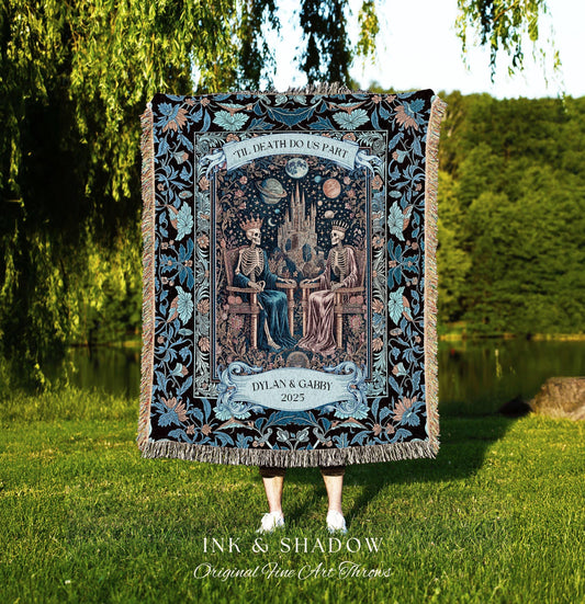Custom His & Her Skeleton Lovers Blanket | Gothic Aesthetic Royal Romance Baroque Fantasy Cosmic Pastel Whimsical Couple Personalized Throw