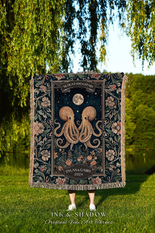 May include: A dark blue throw blanket with a floral and octopus design. The blanket features the text "TIL DEATH DO US PART" and "DYLAN & GABBY 2024". The bottom of the blanket reads "INK & SHADOW Original Fine Art Throws".