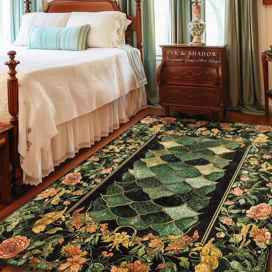 May include: A rectangular area rug with a black background and a central design of overlapping green shapes. The rug is bordered by a floral pattern with pink and yellow flowers and gold accents. The text "INK & SHADOW Original Fine Art Rugs" is visible.