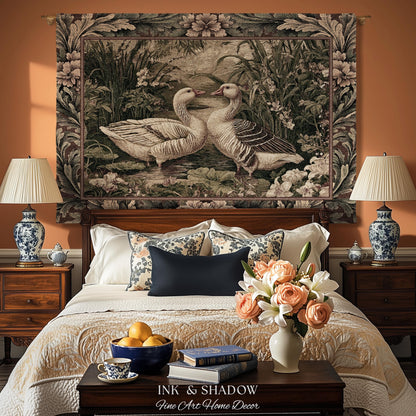 Romantic French Pastoral Geese Tapestry Woven Wall Hanging | Farmhouse Cottage Countryside Floral Wetland Landscape Heirloom Throw Art Decor
