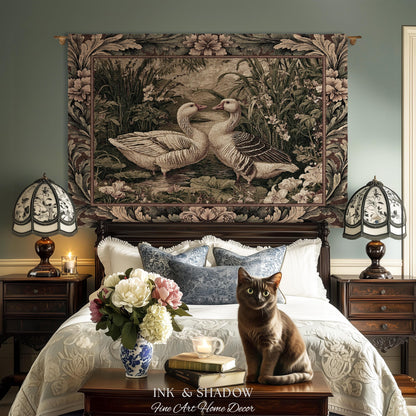 Romantic French Pastoral Geese Tapestry Woven Wall Hanging | Farmhouse Cottage Countryside Floral Wetland Landscape Heirloom Throw Art Decor