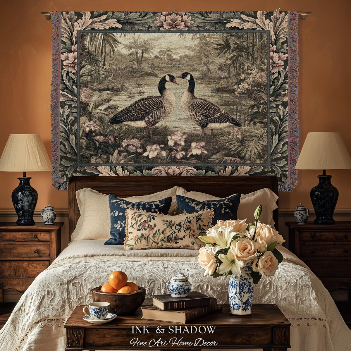 Misty Lake Moody Landscape Heritage Floral Geese Woven Wall Art | Quiet Elegance Foggy Nature Botanical Bird Tapestry Timeless Throw Blanket