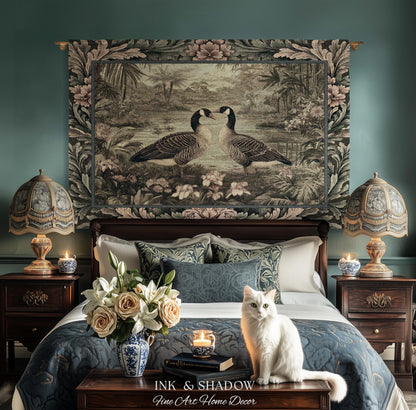 Misty Lake Moody Landscape Heritage Floral Geese Woven Wall Art | Quiet Elegance Foggy Nature Botanical Bird Tapestry Timeless Throw Blanket