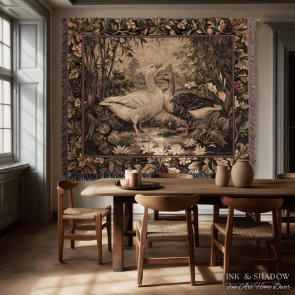 Storybook Bamboo Pond Goose Tapestry Woven Wall Art | Botanical Waterlily Landscape Old World Throw Blanket Classic Bird Lover Textile Decor