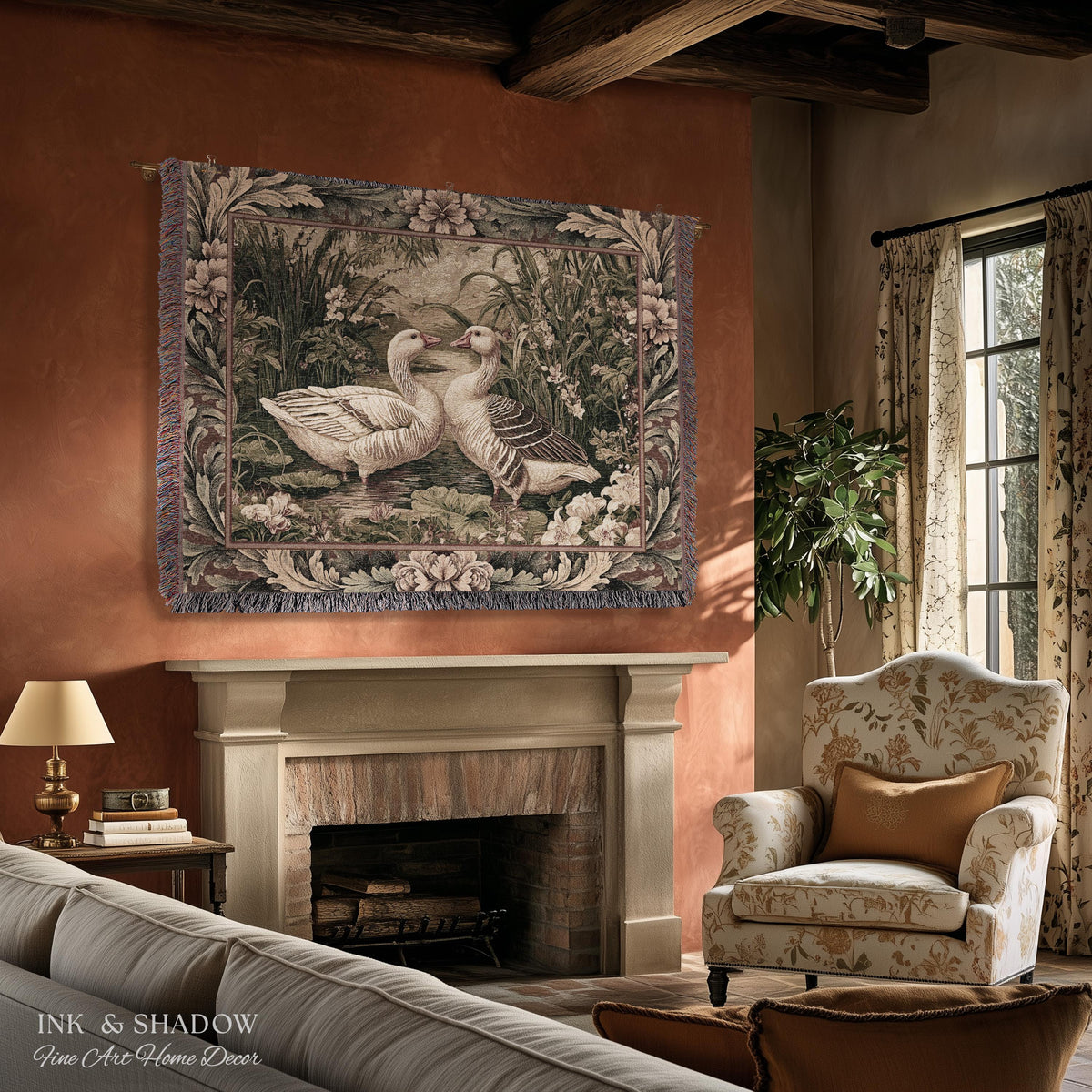 Romantic French Pastoral Geese Tapestry Woven Wall Hanging | Farmhouse Cottage Countryside Floral Wetland Landscape Heirloom Throw Art Decor
