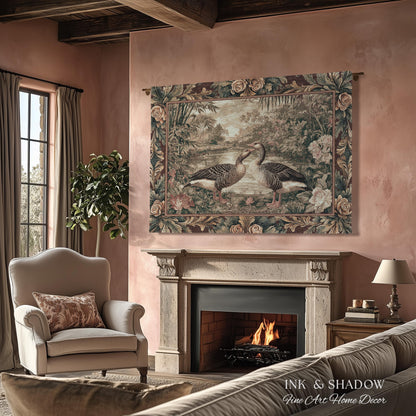 Elegant Rustic Riverside Goose Verdure Tapestry Wall Hanging | Traditional Romantic Cottage Floral Bird Lovers Throw Woven Textile Art Decor