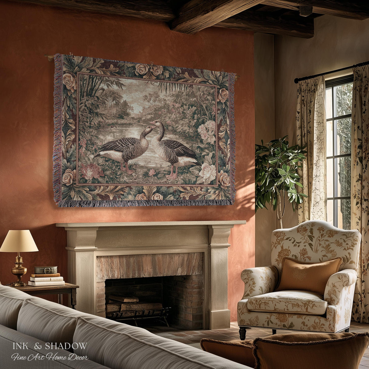 Elegant Rustic Riverside Goose Verdure Tapestry Wall Hanging | Traditional Romantic Cottage Floral Bird Lovers Throw Woven Textile Art Decor