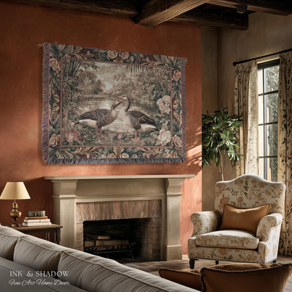 Elegant Rustic Riverside Goose Verdure Tapestry Wall Hanging | Traditional Romantic Cottage Floral Bird Lovers Throw Woven Textile Art Decor