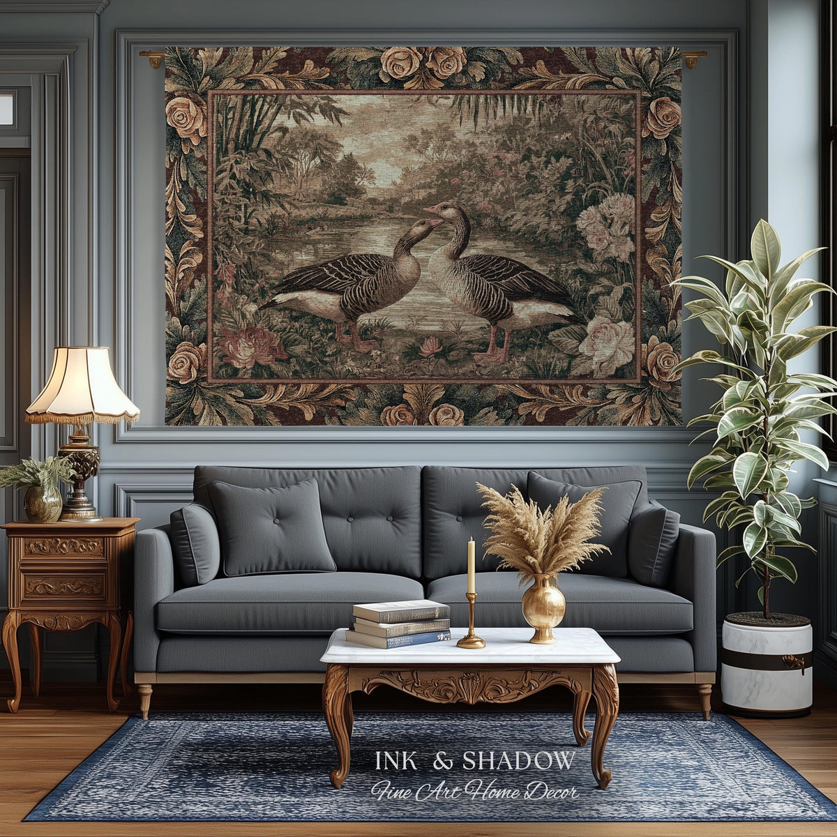 Elegant Rustic Riverside Goose Verdure Tapestry Wall Hanging | Traditional Romantic Cottage Floral Bird Lovers Throw Woven Textile Art Decor