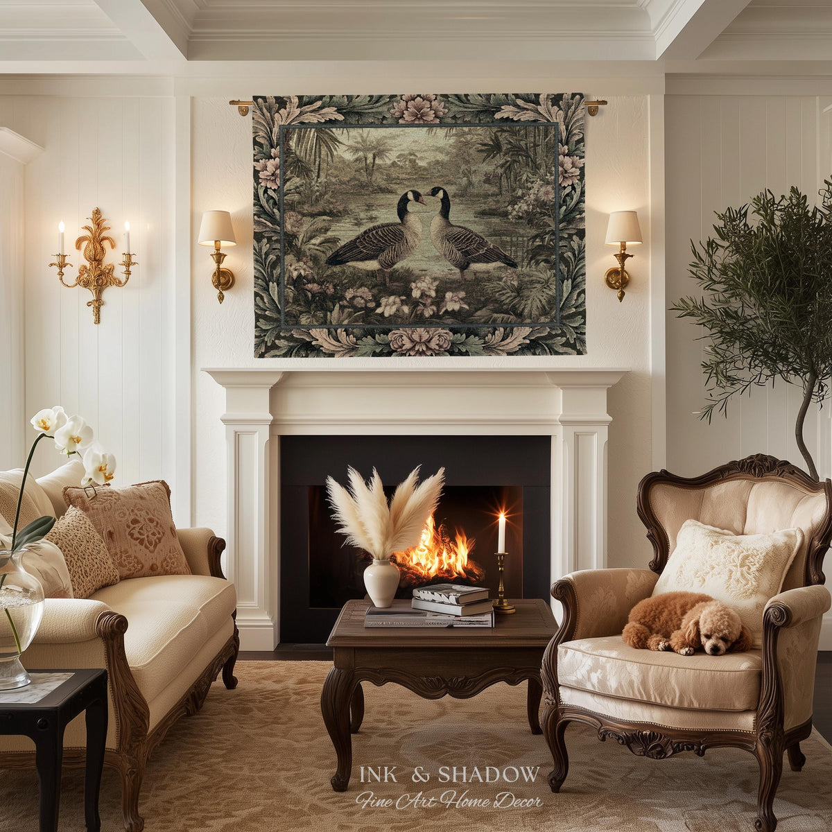 Misty Lake Moody Landscape Heritage Floral Geese Woven Wall Art | Quiet Elegance Foggy Nature Botanical Bird Tapestry Timeless Throw Blanket