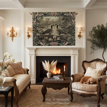 Misty Lake Moody Landscape Heritage Floral Geese Woven Wall Art | Quiet Elegance Foggy Nature Botanical Bird Tapestry Timeless Throw Blanket