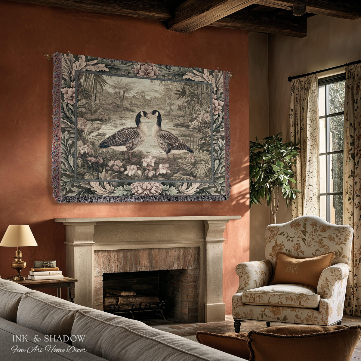 Misty Lake Moody Landscape Heritage Floral Geese Woven Wall Art | Quiet Elegance Foggy Nature Botanical Bird Tapestry Timeless Throw Blanket