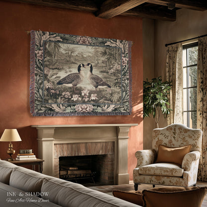 Misty Lake Moody Landscape Heritage Floral Geese Woven Wall Art | Quiet Elegance Foggy Nature Botanical Bird Tapestry Timeless Throw Blanket