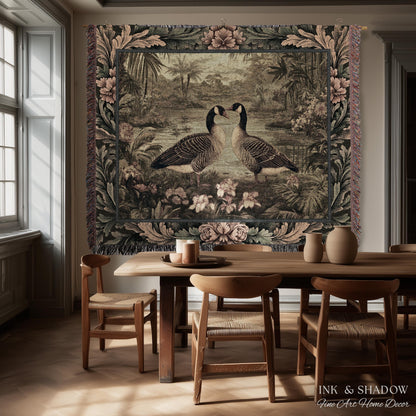 Misty Lake Moody Landscape Heritage Floral Geese Woven Wall Art | Quiet Elegance Foggy Nature Botanical Bird Tapestry Timeless Throw Blanket