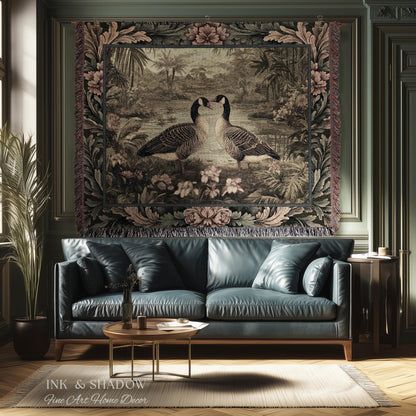 Misty Lake Moody Landscape Heritage Floral Geese Woven Wall Art | Quiet Elegance Foggy Nature Botanical Bird Tapestry Timeless Throw Blanket