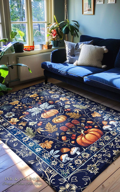 May include: A navy blue rectangular rug with a detailed botanical design featuring pumpkins, leaves, and mushrooms in shades of orange, brown, and cream. The rug has a decorative border and is placed in a living room setting.