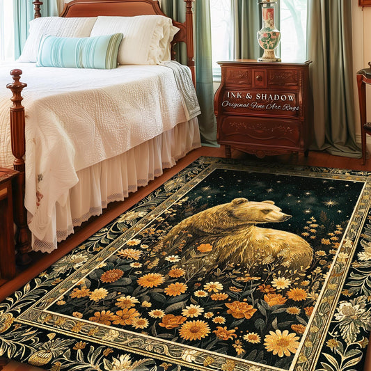 Golden Starlit Grizzly Bear Rug Mystical Meadow Whimsical Wildflower Decor | Vintage Forestcore Cottagecore Celestial Woodland Animal Art