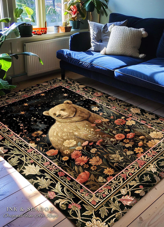 Fairytale Bear Rug Enchanted Woodland Celestial Wildflower Starscape | Whimsical Dark Floral Fairycore Magic Whimsigoth Foestcore Home Decor