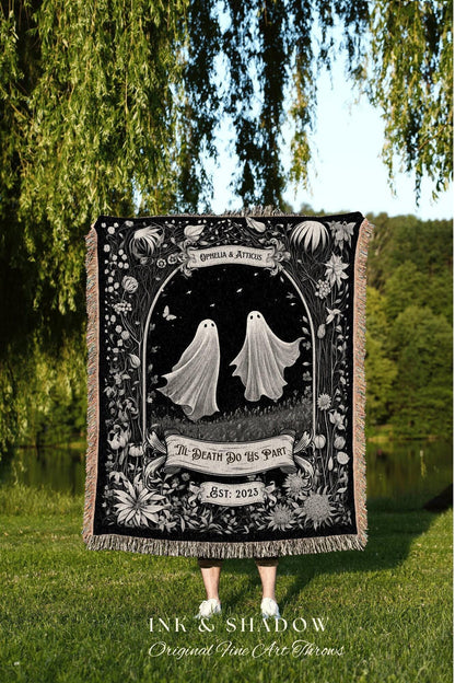 May include: Black and white throw blanket featuring two ghost figures in a gothic design. The blanket has a decorative border with floral and botanical elements. Text on the blanket reads "Ophelia & Atticus", "Til Death Do Us Part", and "Est: 2023".