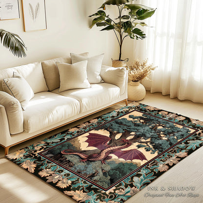 Dark Magic Medieval Dragon Area Rug | Fantasy Aesthetic Gothic Baroque Bedroom Tree of Life Mythical Creatures Bedroom Book Nook Carpet Rug