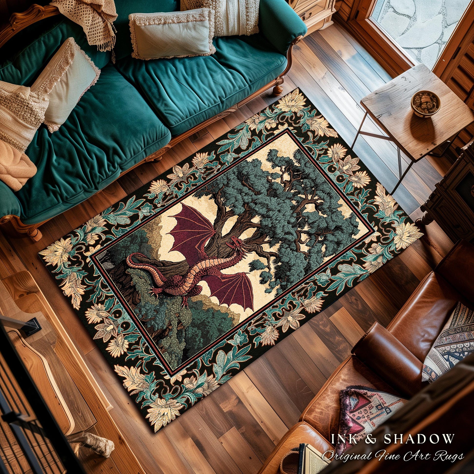 Dark Magic Medieval Dragon Area Rug | Fantasy Aesthetic Gothic Baroque Bedroom Tree of Life Mythical Creatures Bedroom Book Nook Carpet Rug