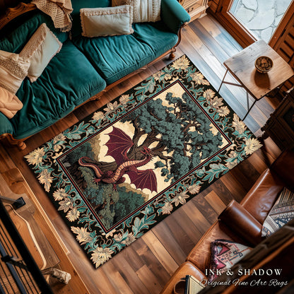 Dark Magic Medieval Dragon Area Rug | Fantasy Aesthetic Gothic Baroque Bedroom Tree of Life Mythical Creatures Bedroom Book Nook Carpet Rug