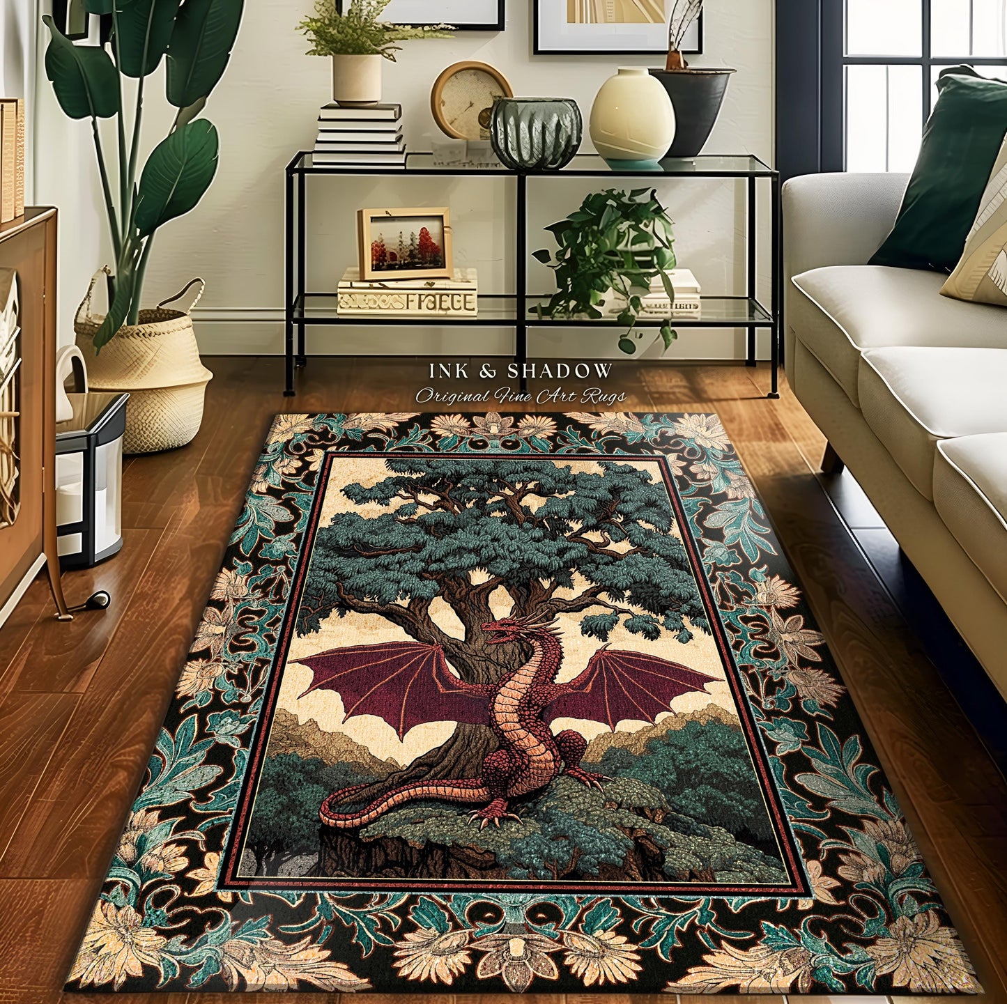 Dark Magic Medieval Dragon Area Rug | Fantasy Aesthetic Gothic Baroque Bedroom Tree of Life Mythical Creatures Bedroom Book Nook Carpet Rug