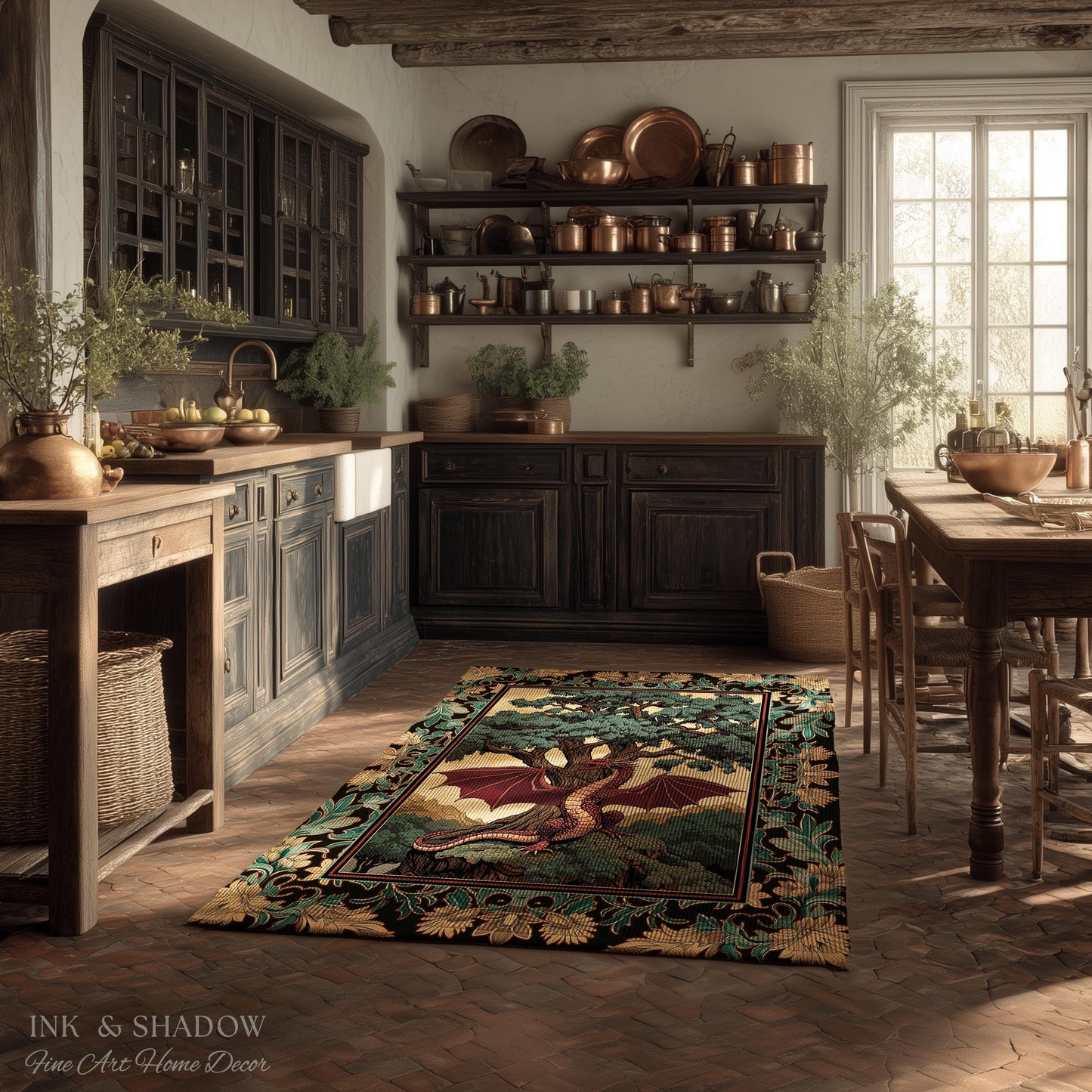 Dark Magic Medieval Dragon Area Rug | Fantasy Aesthetic Gothic Baroque Bedroom Tree of Life Mythical Creatures Bedroom Book Nook Carpet Rug