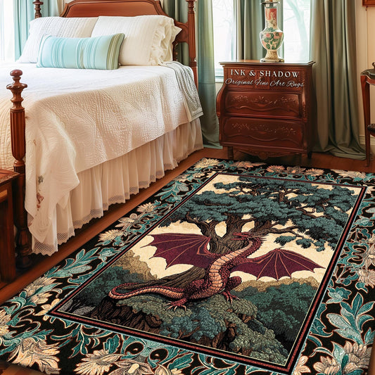 Dark Magic Medieval Dragon Area Rug | Fantasy Aesthetic Gothic Baroque Bedroom Tree of Life Mythical Creatures Bedroom Book Nook Carpet Rug