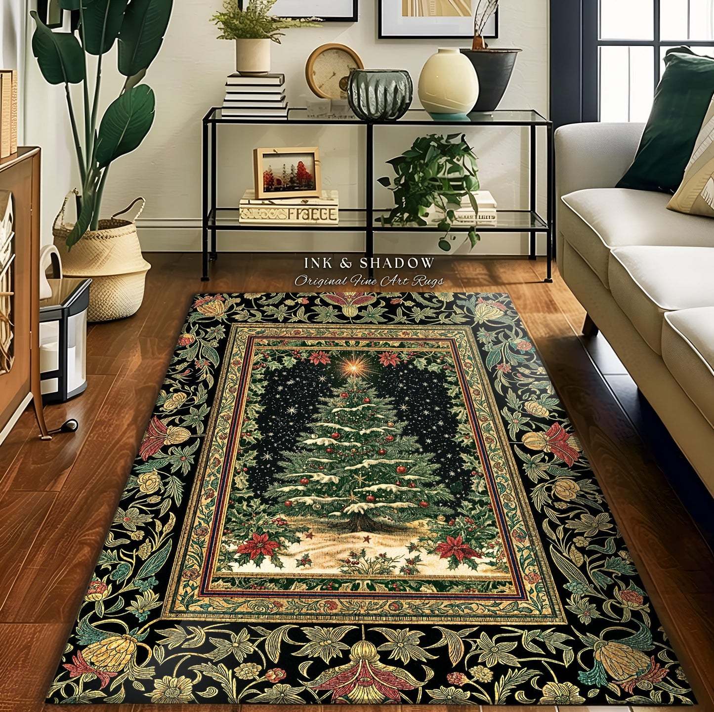 May include: A rectangular area rug with a Christmas tree design. The rug features a black background with a detailed border of floral patterns in green, red, and gold. The central image is a decorated Christmas tree with snow and stars. The text "INK & SHADOW Original Fine Art Rugs" is visible.