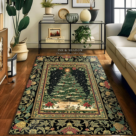May include: A rectangular area rug with a Christmas tree design. The rug features a black background with a detailed border of floral patterns in green, red, and gold. The central image is a decorated Christmas tree with snow and stars. The text "INK & SHADOW Original Fine Art Rugs" is visible.