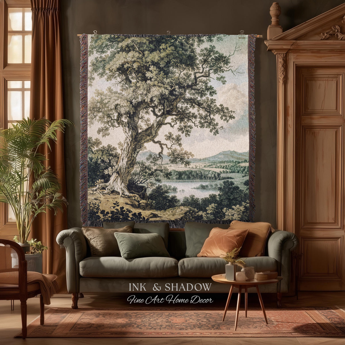 Timeless Oak River Valley Landscape Woven Tapestry Wall Art | Old World European Countryside Waterside Pastoral Heritage Home Textile Decor