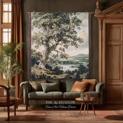 Timeless Oak River Valley Landscape Woven Tapestry Wall Art | Old World European Countryside Waterside Pastoral Heritage Home Textile Decor