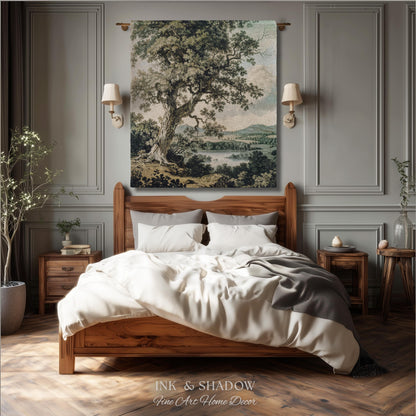 Timeless Oak River Valley Landscape Woven Tapestry Wall Art | Old World European Countryside Waterside Pastoral Heritage Home Textile Decor