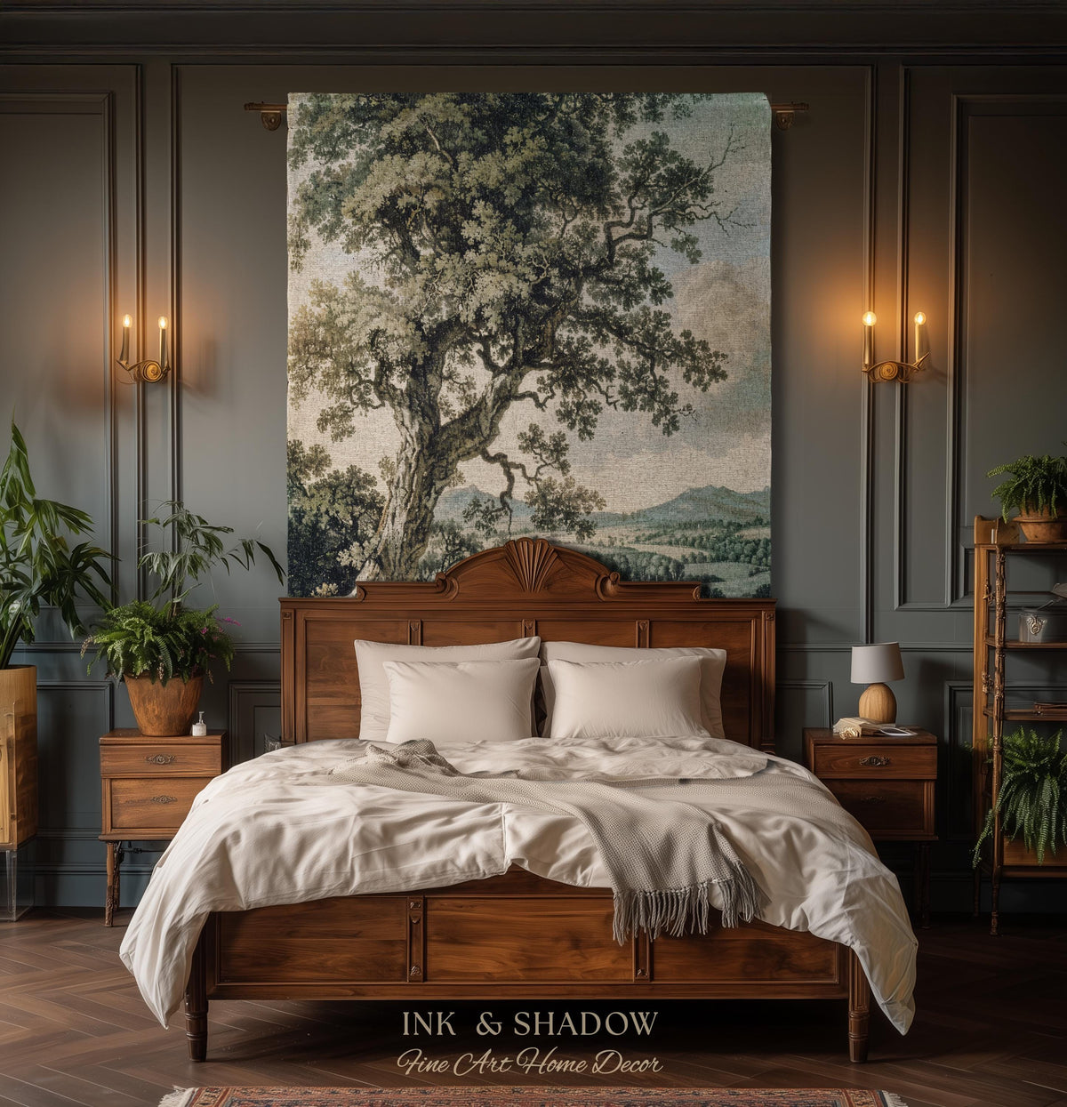 Timeless Oak River Valley Landscape Woven Tapestry Wall Art | Old World European Countryside Waterside Pastoral Heritage Home Textile Decor