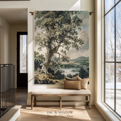 Timeless Oak River Valley Landscape Woven Tapestry Wall Art | Old World European Countryside Waterside Pastoral Heritage Home Textile Decor