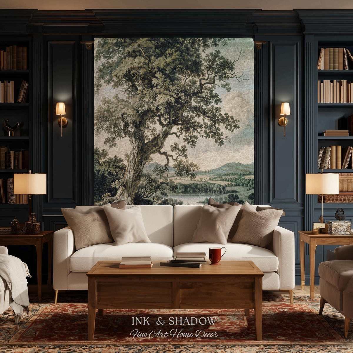 Timeless Oak River Valley Landscape Woven Tapestry Wall Art | Old World European Countryside Waterside Pastoral Heritage Home Textile Decor