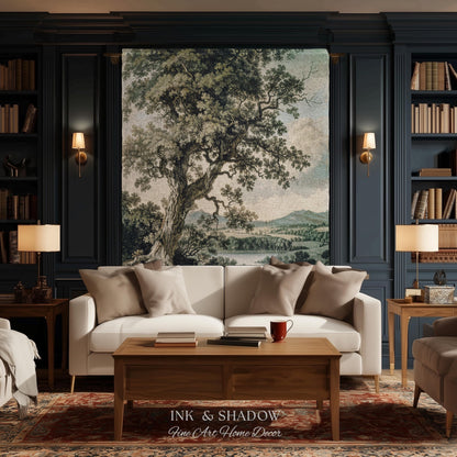 Timeless Oak River Valley Landscape Woven Tapestry Wall Art | Old World European Countryside Waterside Pastoral Heritage Home Textile Decor