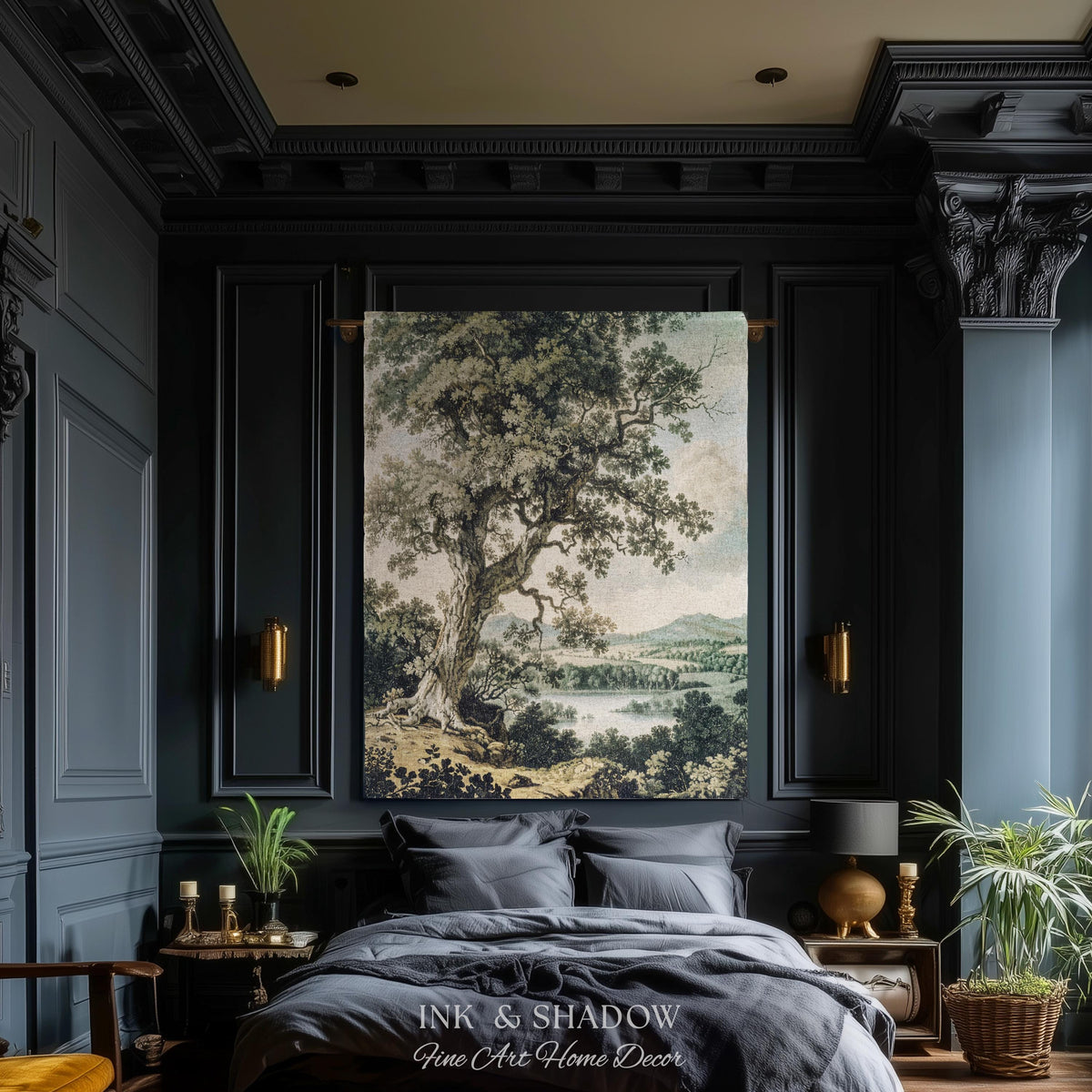 Timeless Oak River Valley Landscape Woven Tapestry Wall Art | Old World European Countryside Waterside Pastoral Heritage Home Textile Decor