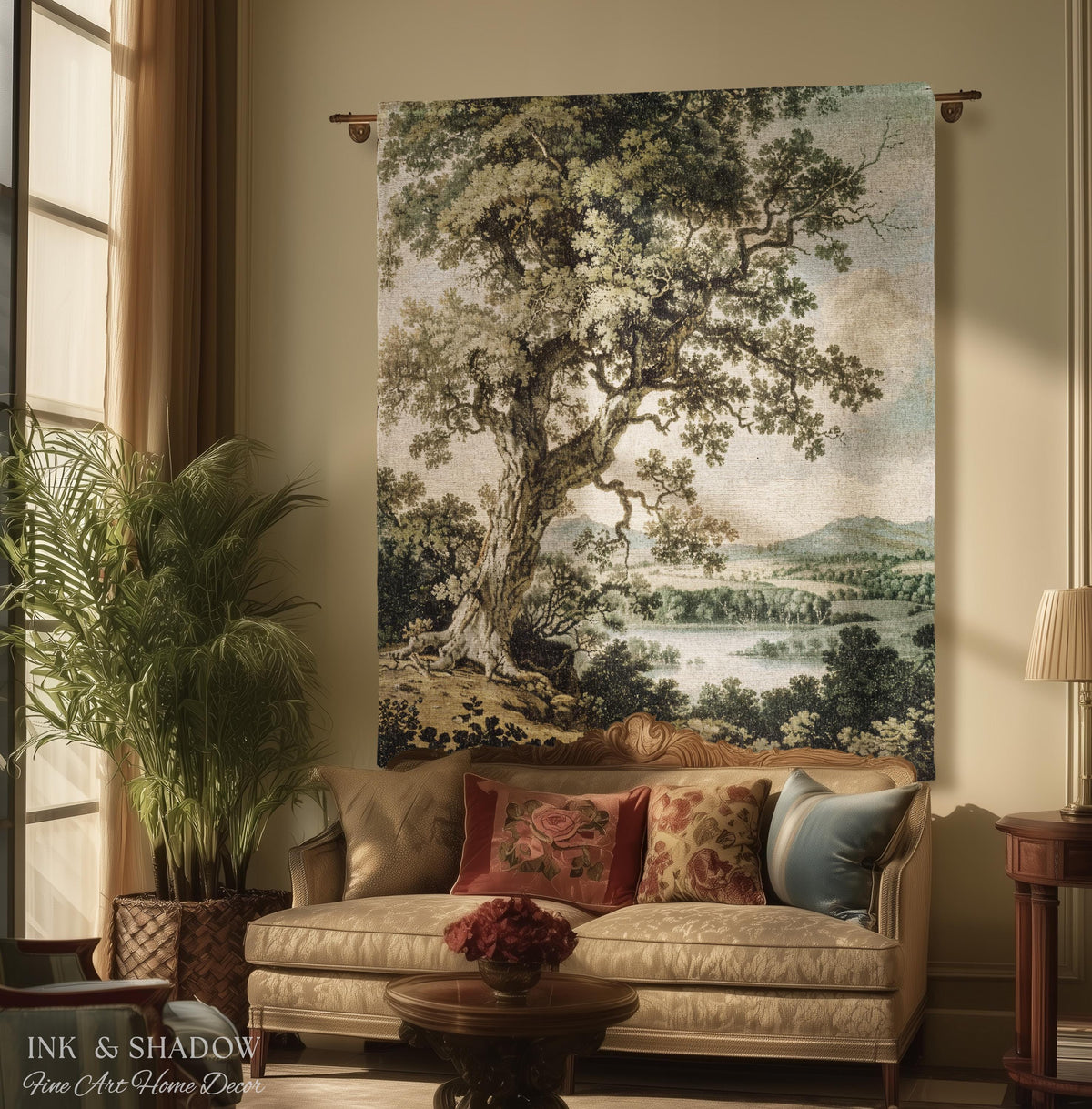 Timeless Oak River Valley Landscape Woven Tapestry Wall Art | Old World European Countryside Waterside Pastoral Heritage Home Textile Decor
